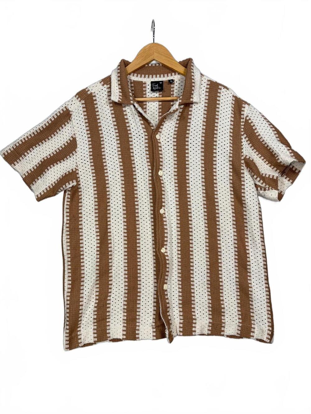 Fried Waters Mens M Brown Cream Textured Striped Button Up Shirt Resort Retro